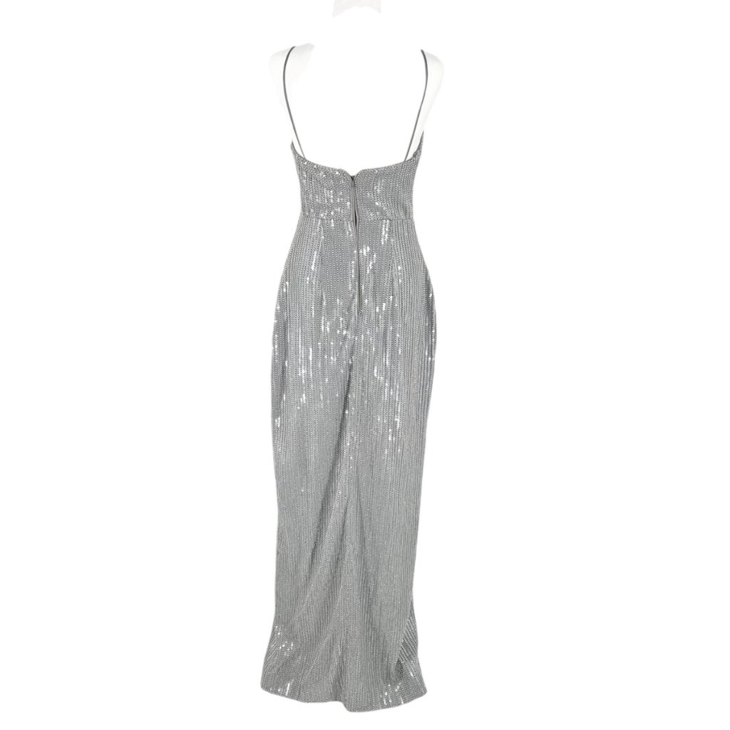 Nwt Rasario Silver Sequin Embellished Square Neck Maxi Gown — image 3 of 8